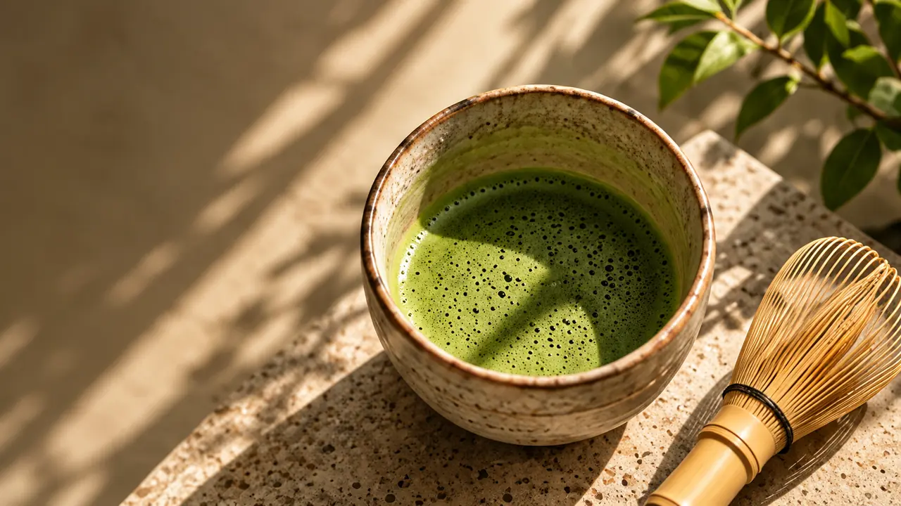 Whisked matcha in a speckled ceramic bowl beside a bamboo chasen in warm afternoon light