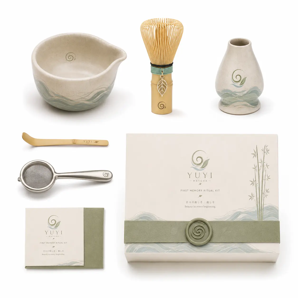The First Memory Ritual Set contents including a bowl, Chasen, holder, scoop, and sifter