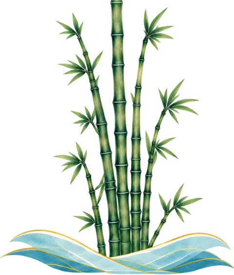 Hand-painted watercolor of green bamboo stalks rising from soft blue waves edged in gold