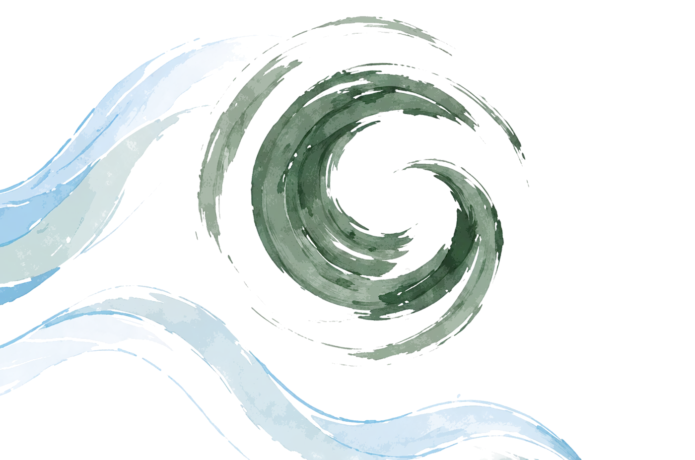 Watercolor brushstroke spiral in matcha green cresting over soft blue waves