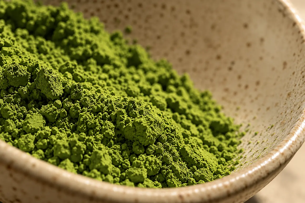 Vivid green stone-milled matcha powder mounded in a ceramic bowl