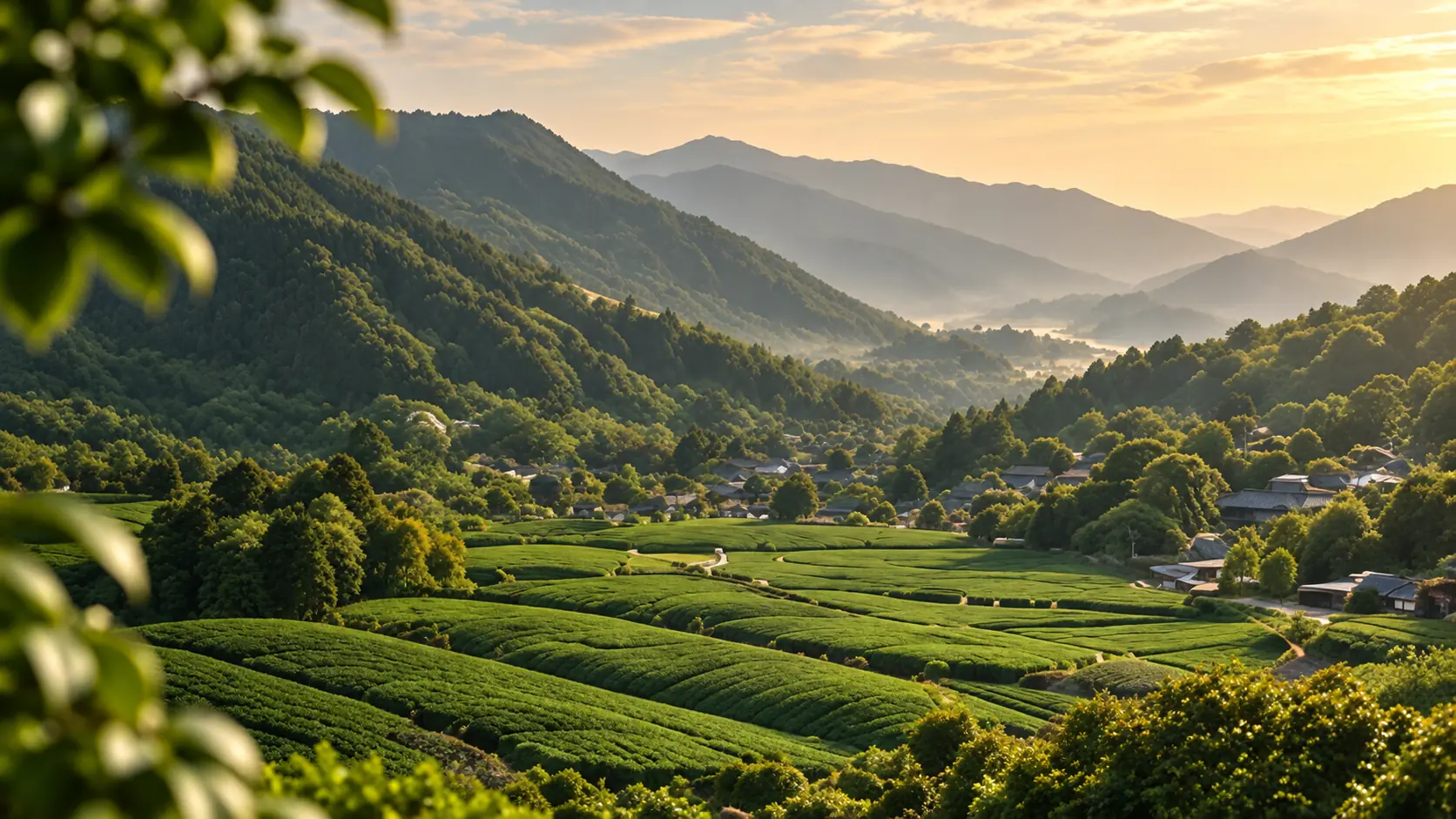 Terraced tea fields in the hills of Uji, Kyoto at golden hour