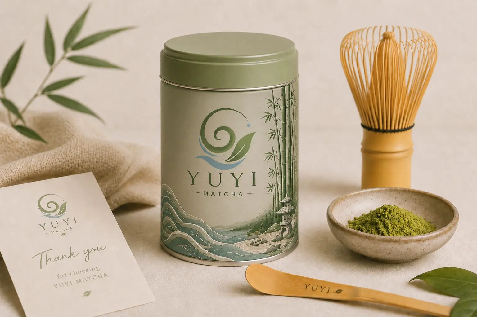 Yuyi Japanese ceremonial matcha tins arranged with a bamboo whisk