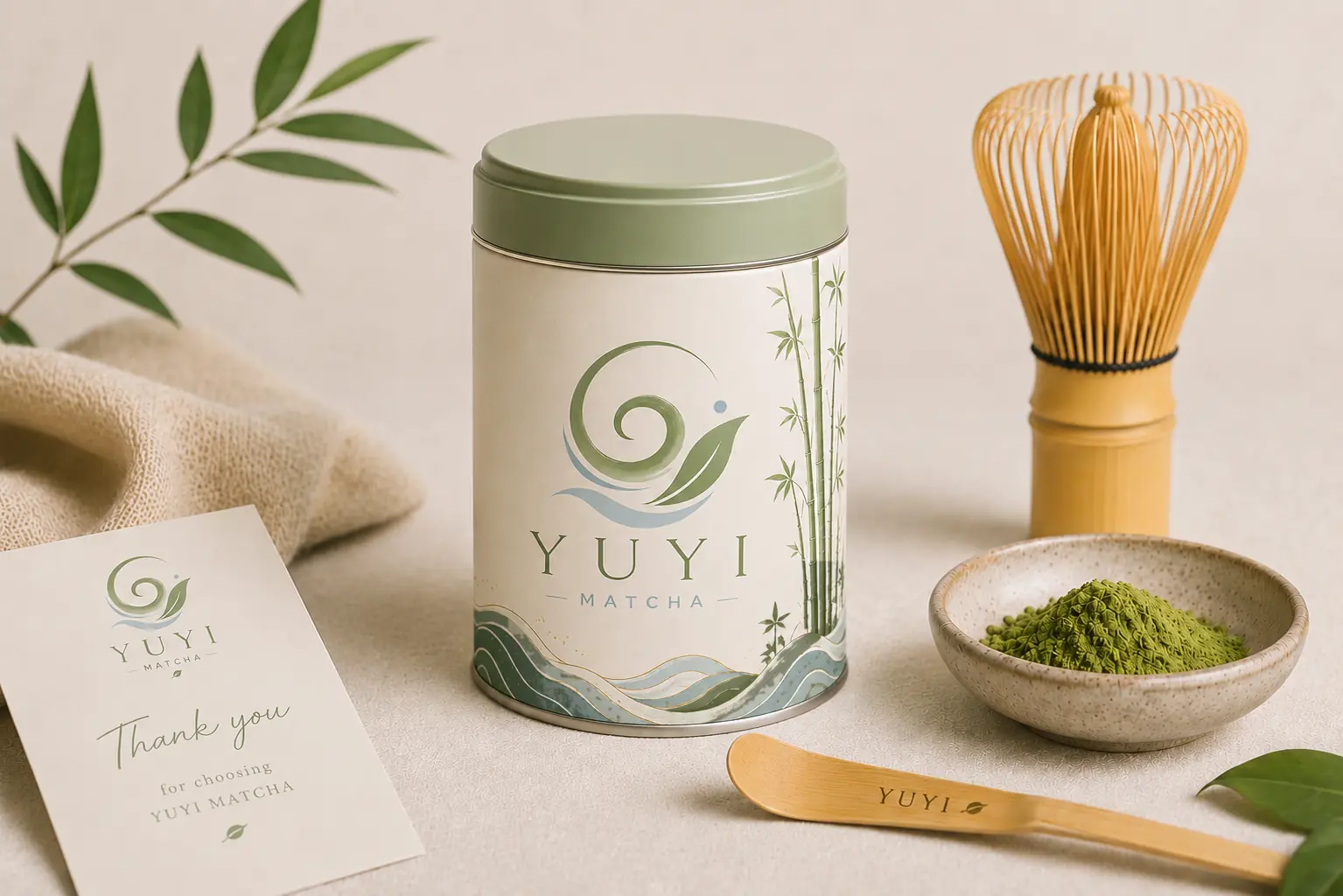 Yuyi Japanese ceremonial matcha tin arranged with a Chasen and matcha bowl